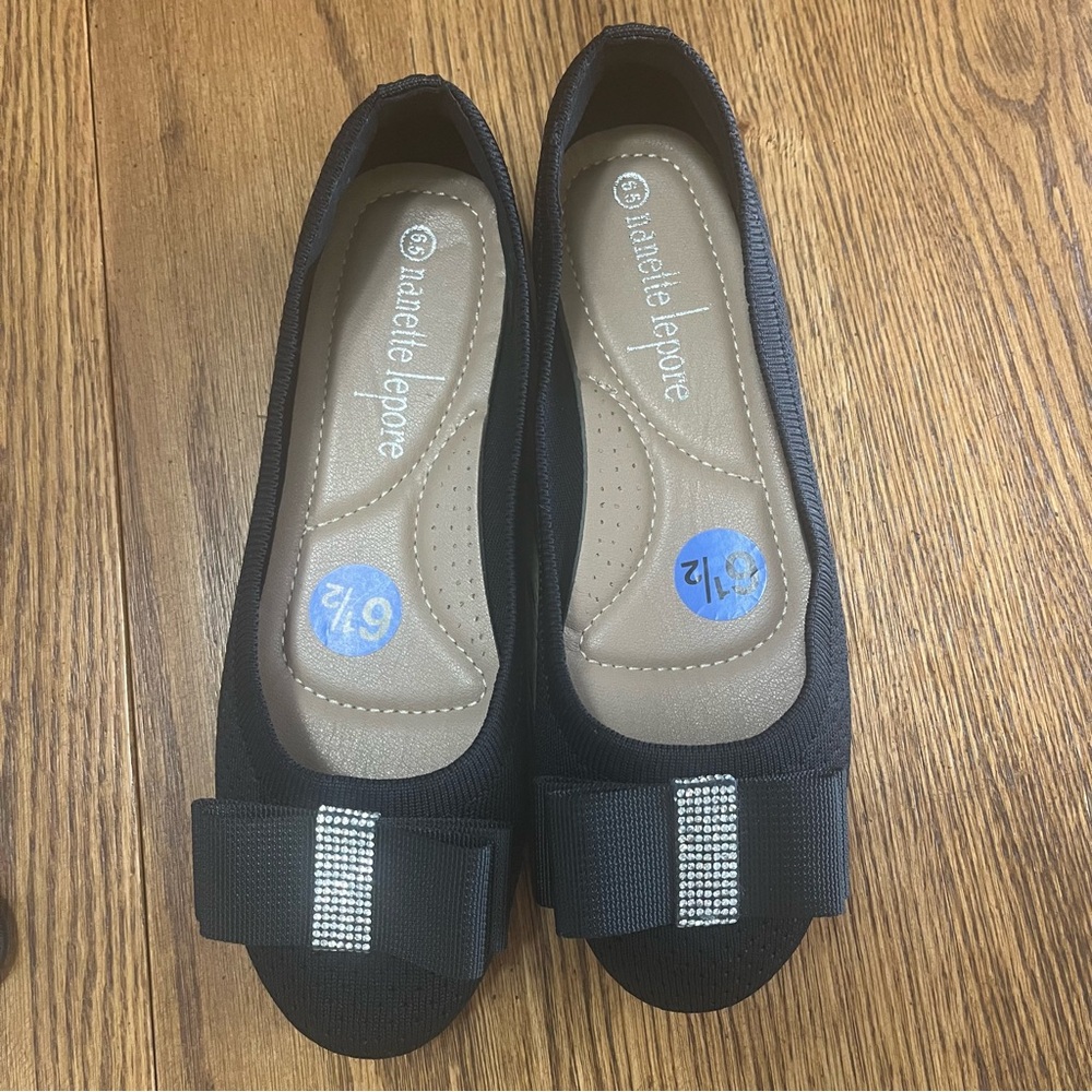 Nanette Lepore Black Knit Flats Ballet With Bow And Rhinestone Size 6.5 New